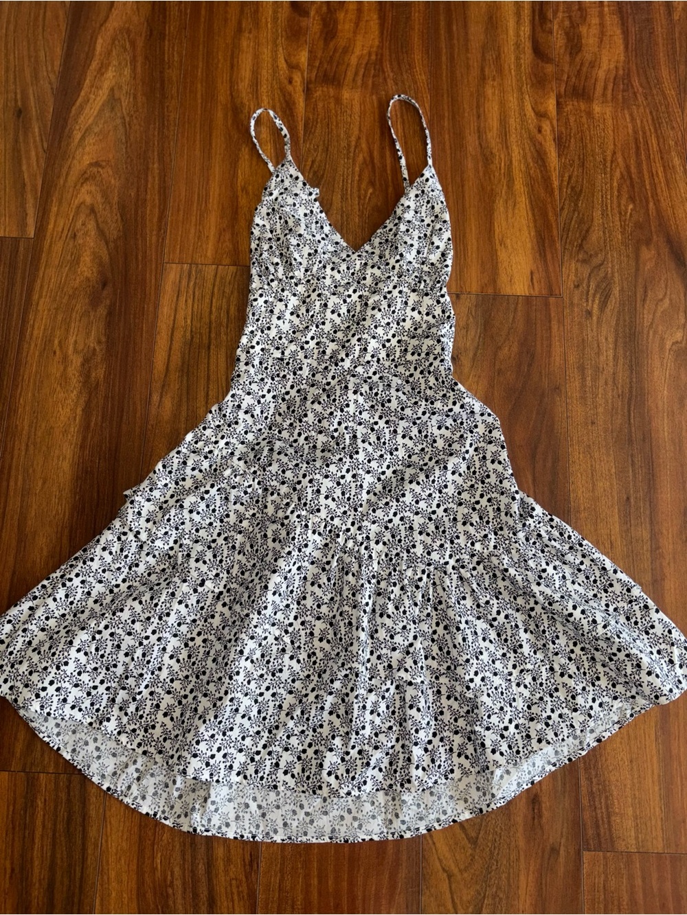 White and Black Floral Mini Dress with Spaghetti Straps